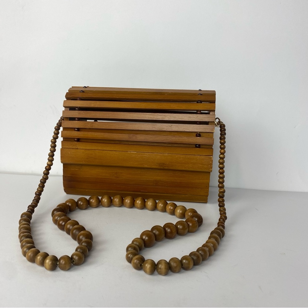 Wooden slate crossbody purse bag beaded strap vintage